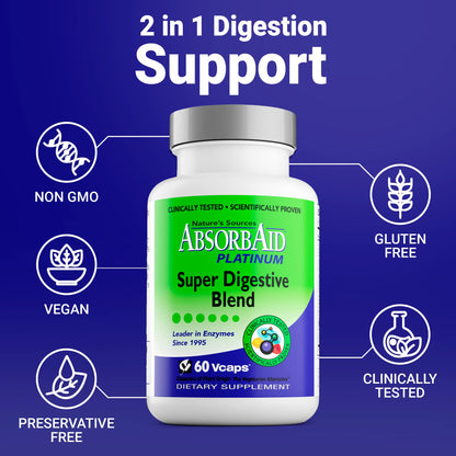 AbsorbAid Platinum Digestive Enzyme Support 60 vCaps, 12 Digestive Enzymes Plus 2 Probiotics for Maximum Relief - PrimeBioHealth - canada supplements