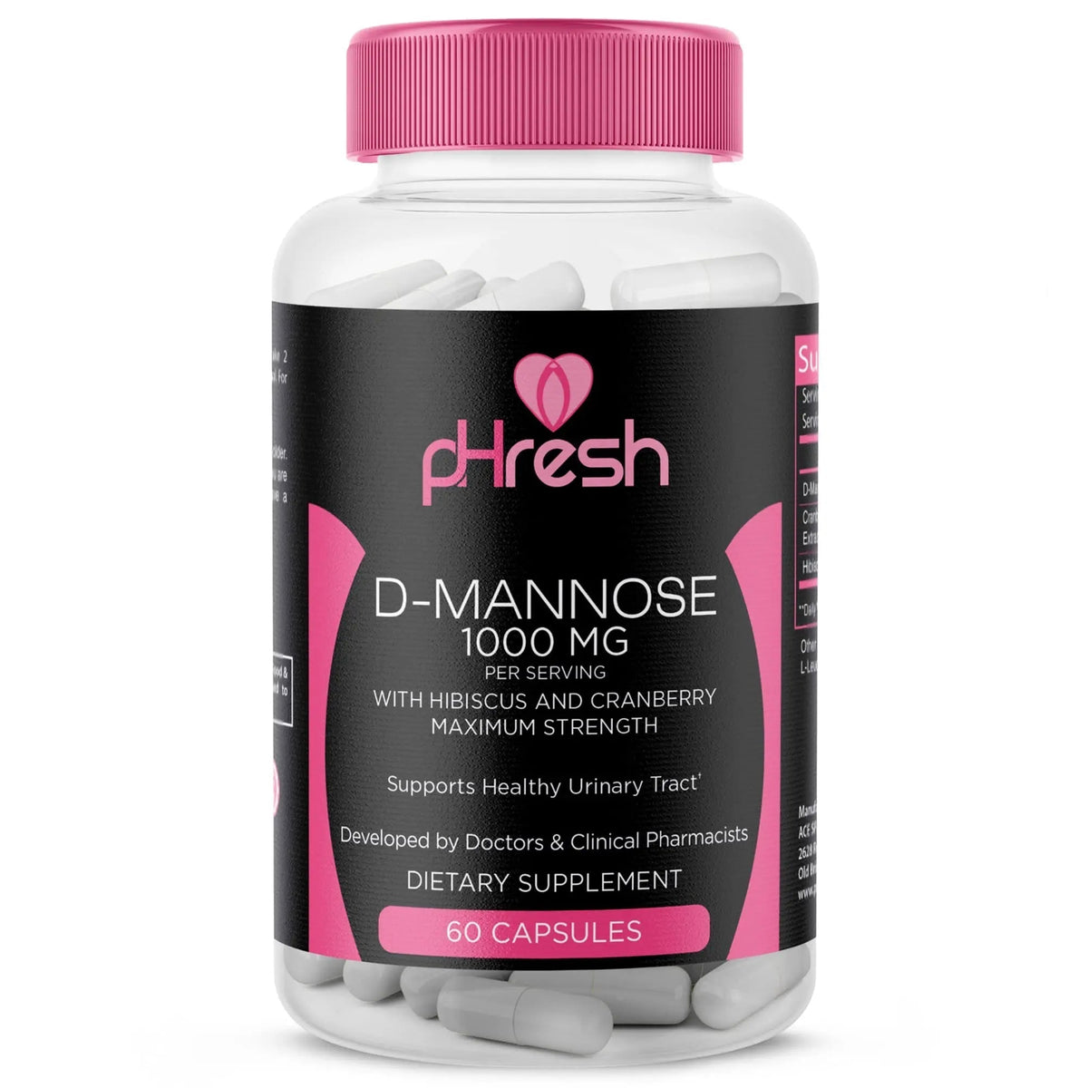 ACE NUTRITION pHresh D-Mannose with Cranberry Capsules for Women and Men, Maximum Strength 1000 mg Per Serving - Supports: Urinary Tract Health - Made in The USA - PrimeBioHealth - canada supplements