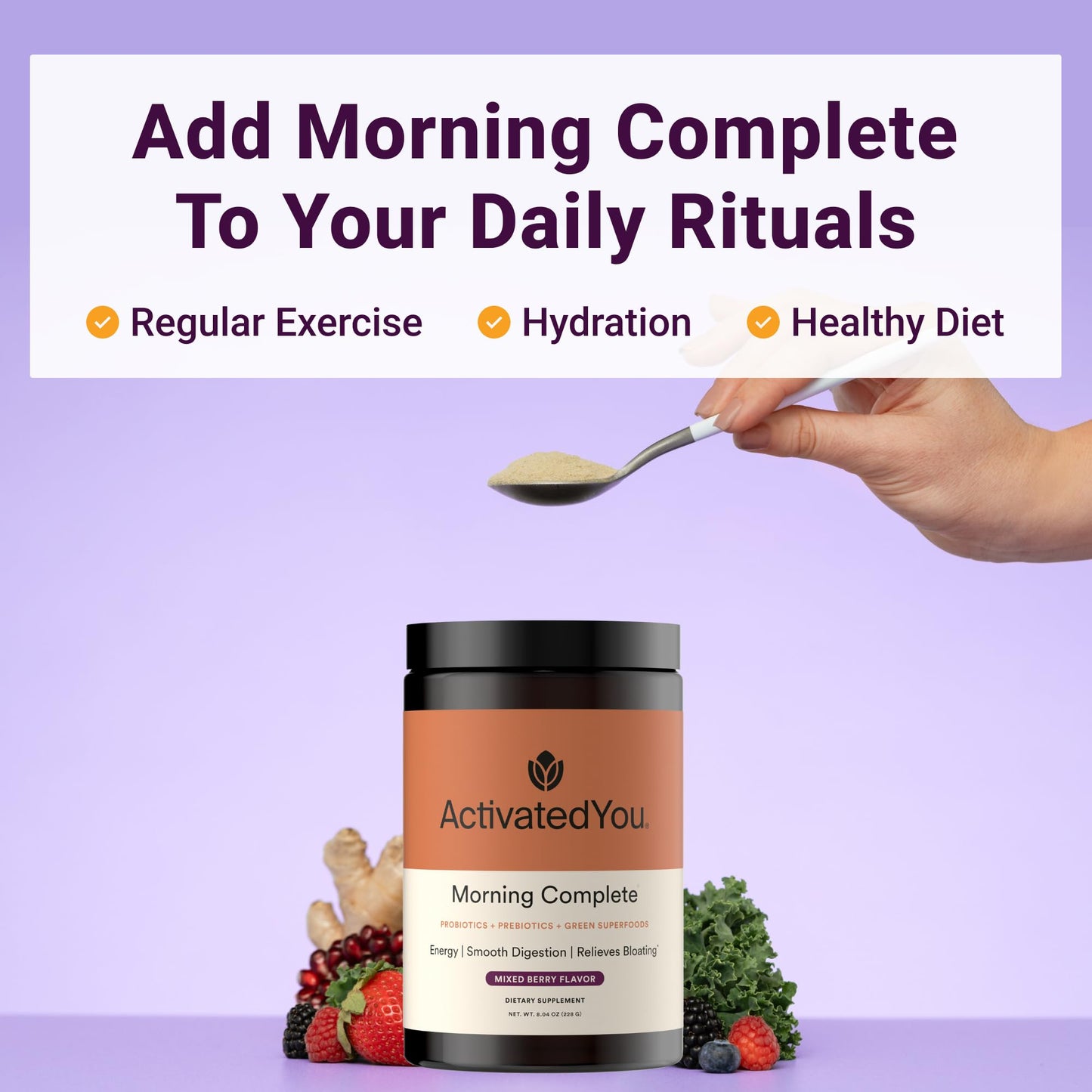 ActivatedYou Morning Complete Super Greens Powder Drink Mix - Gut Health Boost with Prebiotics, Probiotics, & Antioxidants - 10 Billion CFUs, Mixed Berry Flavor - PrimeBioHealth - canada supplements