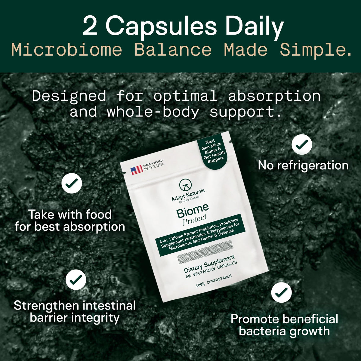Adapt Naturals 4-in-1 Biome Protect Prebiotics, Probiotics Supplement Postbiotics & Polyphenols for Microbiome, Gut Health & Defense for Women & Men, 30 Day Supply - PrimeBioHealth - canada supplements