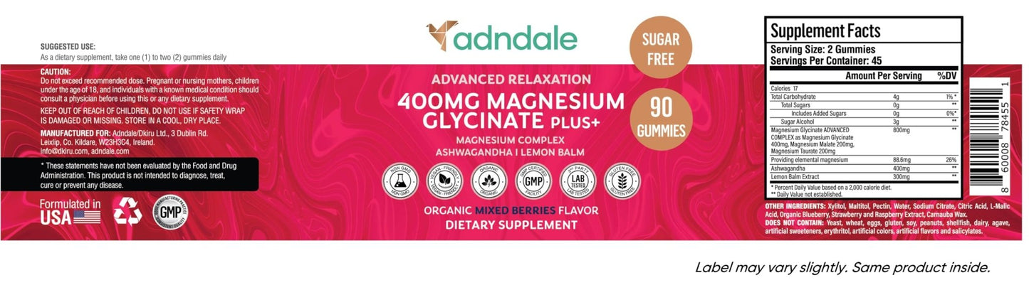 Adndale 180 CT Magnesium Glycinate Gummies 400 mg/Serv with Ashwagandha, Magnesium Malate & Taurate - PrimeBioHealth - canada supplements