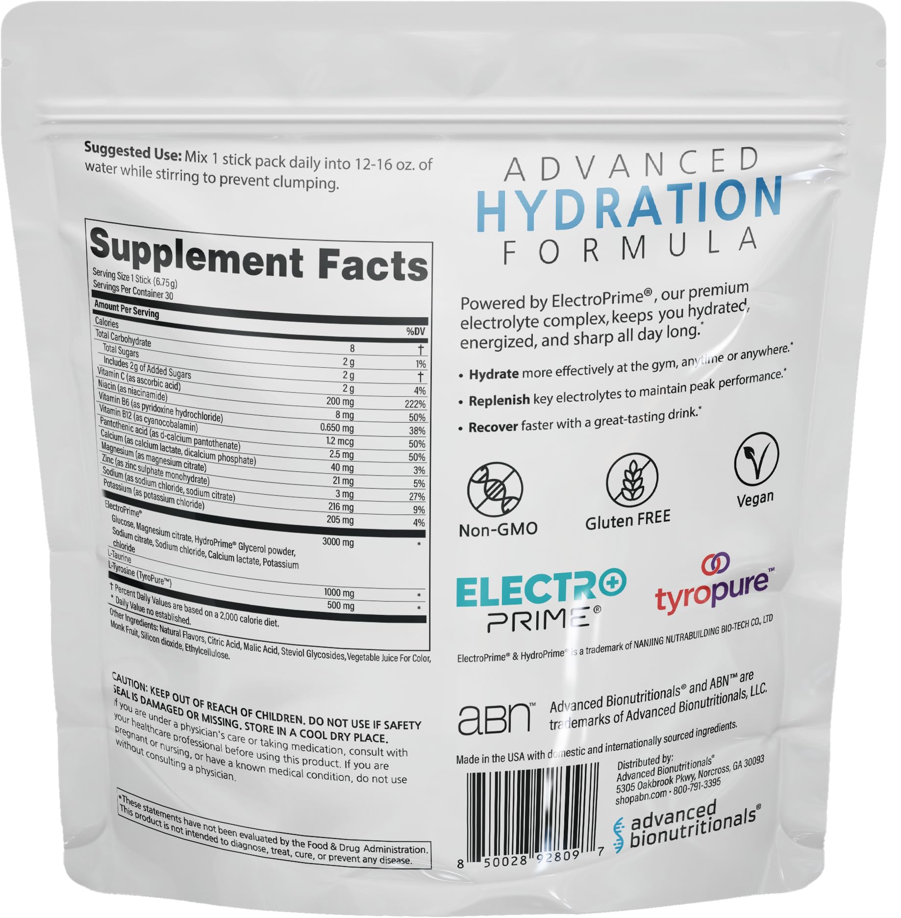 Advanced Bionutritionals Advanced Hydration Formula Electrolyte Drink Mix Powder with ElectroPrime®, L-Taurine, TyroPure™, B-Vitamins, Vitamin C – Strawberry Watermelon – 30 Stick Packs - PrimeBioHealth - canada supplements