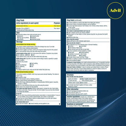 Advil Dual Action Back Pain Caplets Delivers 125mg Ibuprofen and 250mg Acetaminophen Per Dose for 8 Hours of Back Pain Relief - 144 Count - PrimeBioHealth - canada supplements