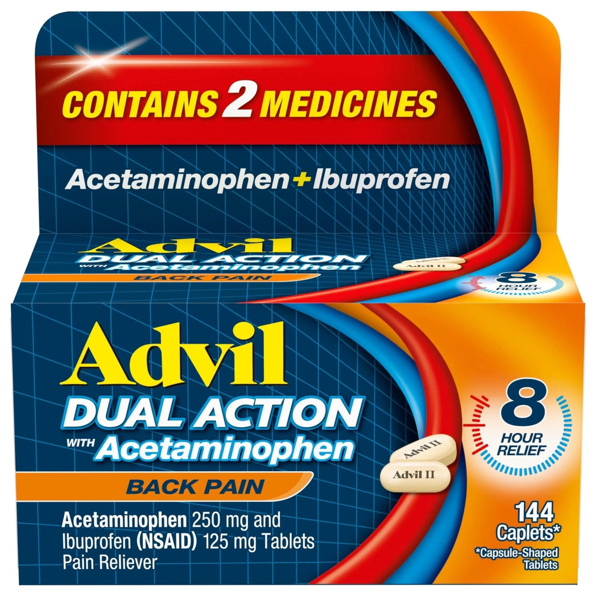 Advil Dual Action Back Pain Caplets Delivers 125mg Ibuprofen and 250mg Acetaminophen Per Dose for 8 Hours of Back Pain Relief - 144 Count - PrimeBioHealth - canada supplements
