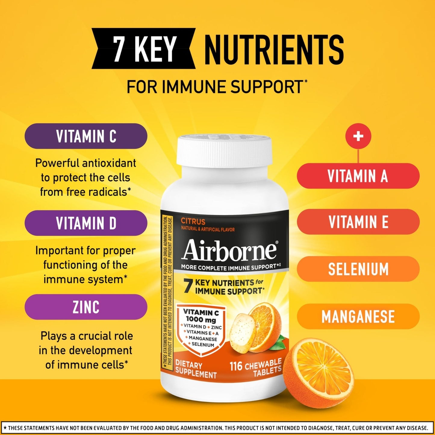 Airborne Vitamin C 1000mg (per Serving) - Citrus Chewable Tablets (116 Count in a Bottle), Gluten-Free Immune Support Supplement, with Vitamins A C E, Zinc, Selenium - PrimeBioHealth - canada supplements