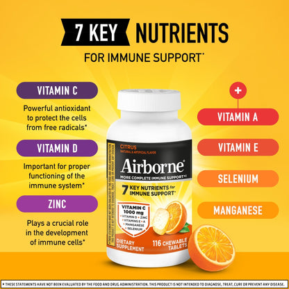 Airborne Vitamin C 1000mg (per Serving) - Citrus Chewable Tablets (116 Count in a Bottle), Gluten-Free Immune Support Supplement, with Vitamins A C E, Zinc, Selenium - PrimeBioHealth - canada supplements