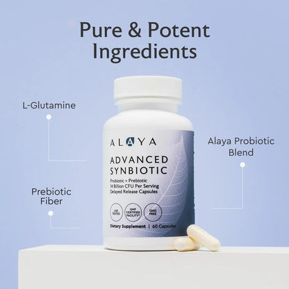 Alaya Naturals Advanced Synbiotic - Probiotic + Prebiotic - 14 Billion CFU Delayed Release Probiotic Supplement with Prebiotics from Sunfiber®, and L-glutamine for Gut Lining Integrity - 60 Capsules - PrimeBioHealth - canada supplements