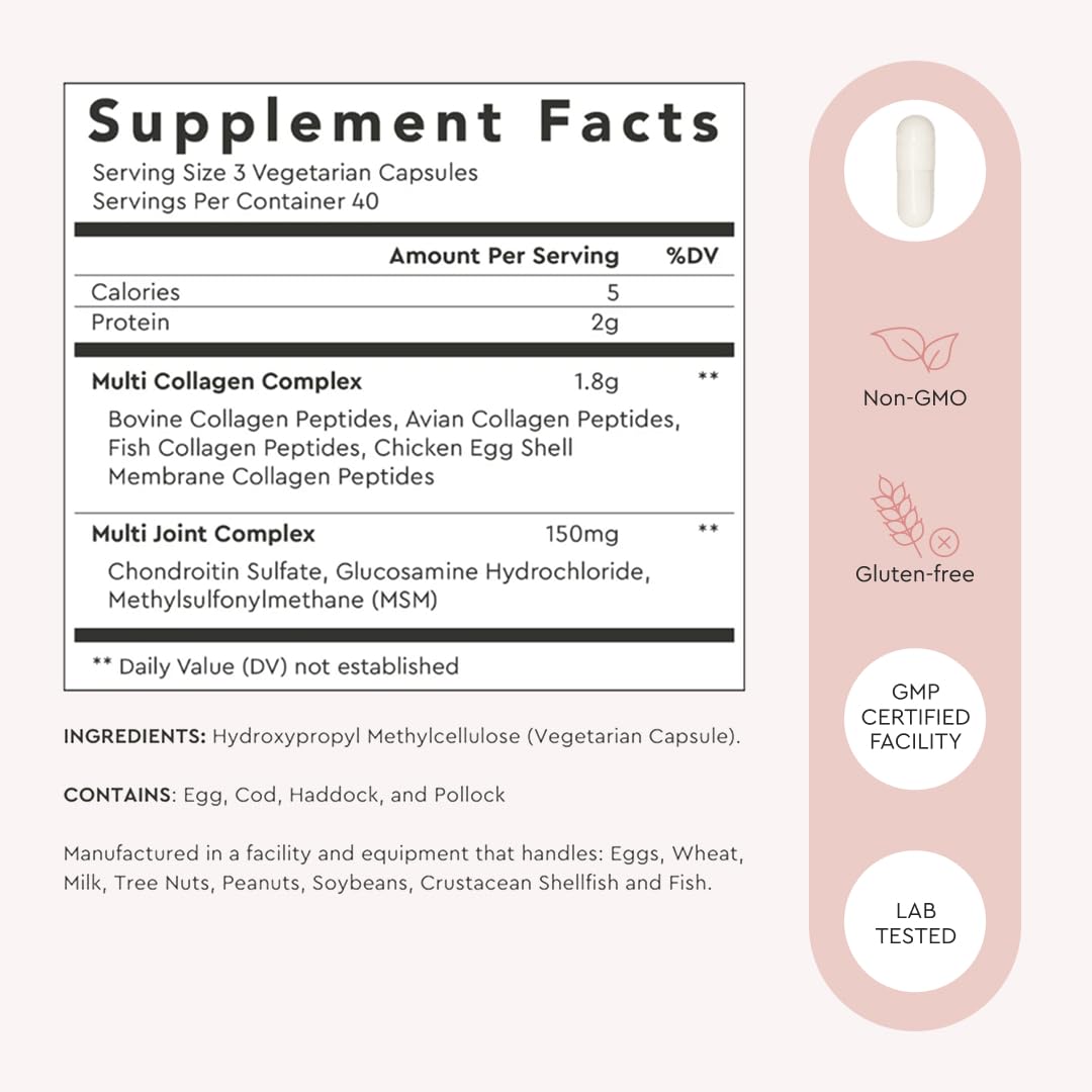 Alaya Naturals Hydrolyzed Multi Collagen Peptides Protein Capsules - Type I, II, III, V, X Grass-Fed Bovine, Chicken, Marine Collagen Supplement with MSM - PrimeBioHealth - canada supplements