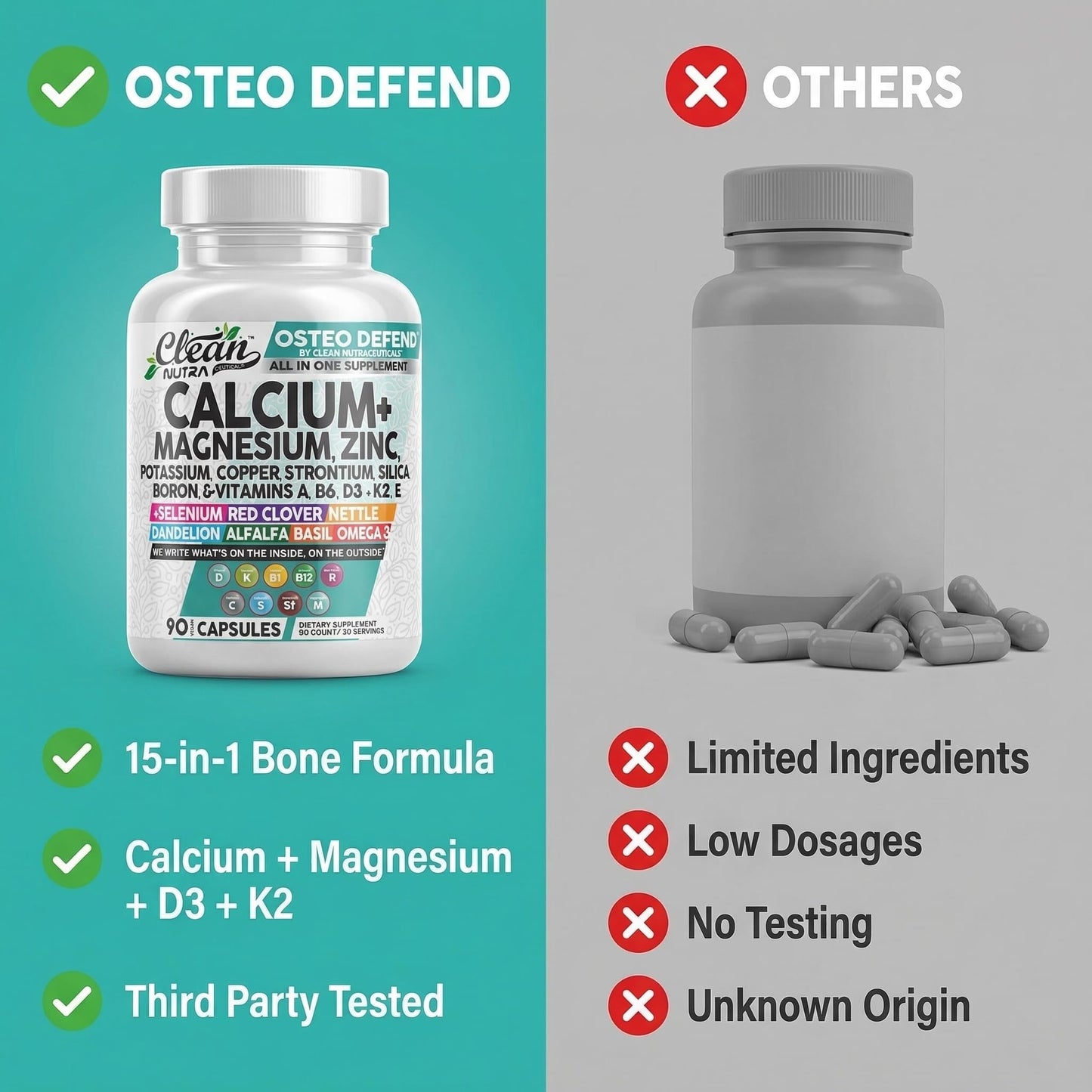 Allin1 Calcium Magnesium Zinc Supplement with Potassium, Copper, Strontium, Silica, Vitamin D3 K2, Boron, Vitamin B1 B12 Red Clover Herb Alfalfa Basil Pills for Men - PrimeBioHealth - canada supplements