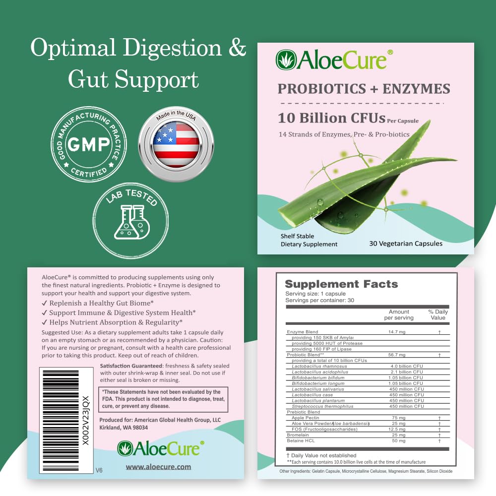 AloeCure Daily Probiotics 10 Billion CFU for Digestive Support 8 Strains, 6 Prebiotics & Enzymes - Digestive Supplement with Bromelain for Women & Men - PrimeBioHealth - canada supplements