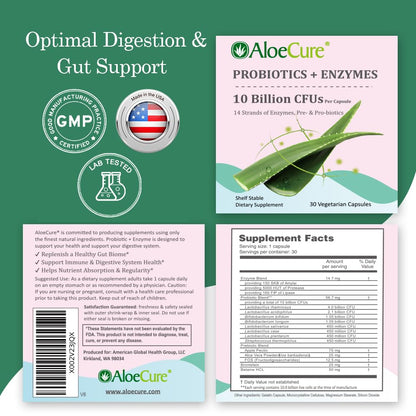 AloeCure Daily Probiotics 10 Billion CFU for Digestive Support 8 Strains, 6 Prebiotics & Enzymes - Digestive Supplement with Bromelain for Women & Men - PrimeBioHealth - canada supplements