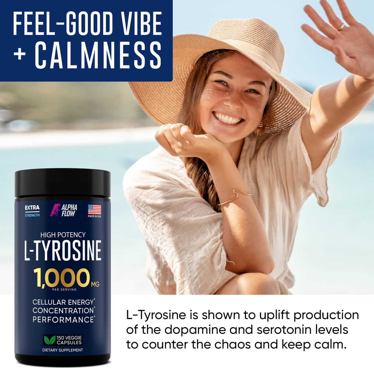 Alpha Flow L Tyrosine 1000MG Capsules - All-Natural L- Tyrosine Supplement for Focus & Energy Boost - Non-GMO & Gluten-Free - PrimeBioHealth - canada supplements