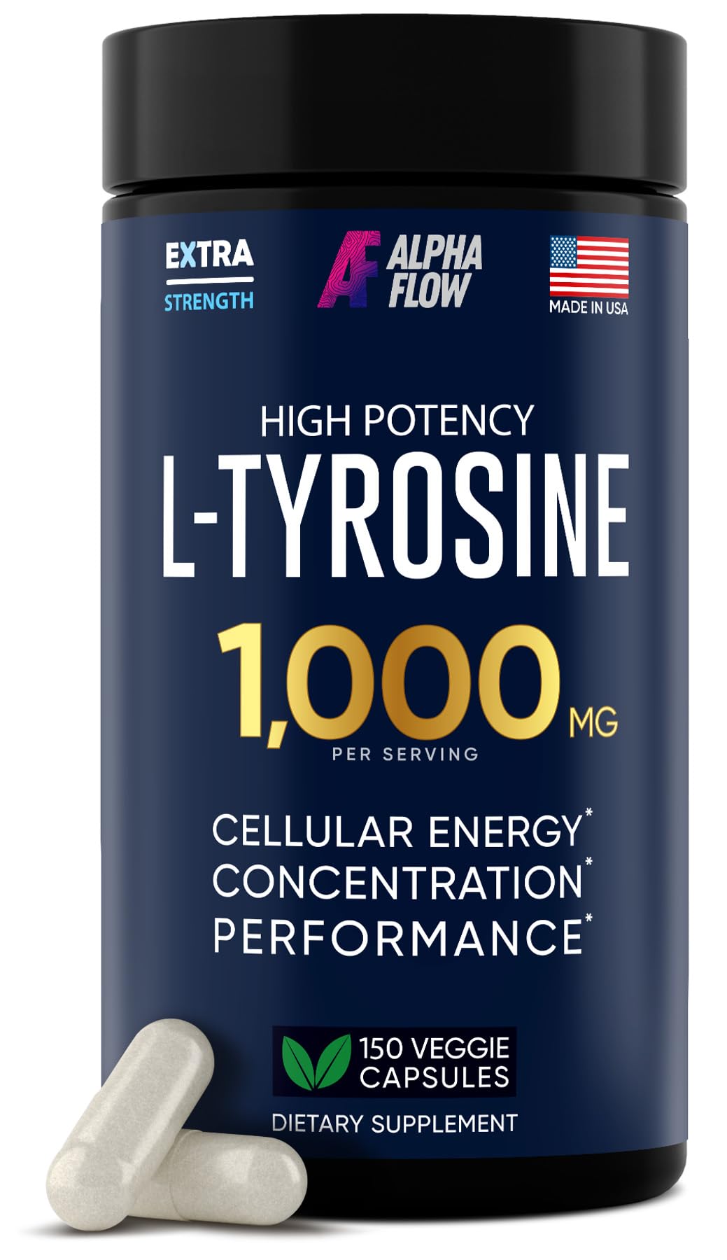 Alpha Flow L Tyrosine 1000MG Capsules - All-Natural L- Tyrosine Supplement for Focus & Energy Boost - Non-GMO & Gluten-Free - PrimeBioHealth - canada supplements