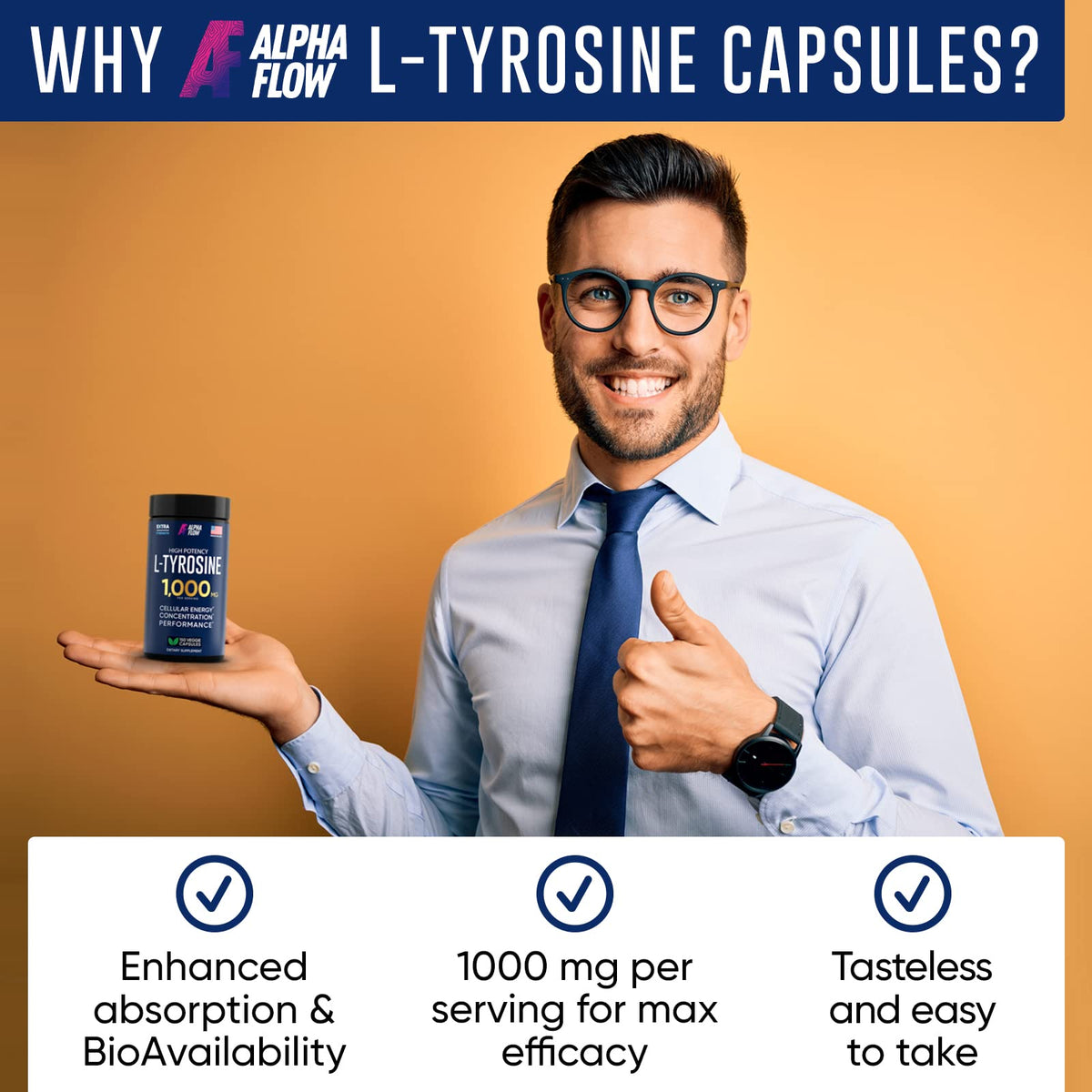 Alpha Flow L Tyrosine 1000MG Capsules - All-Natural L- Tyrosine Supplement for Focus & Energy Boost - Non-GMO & Gluten-Free - PrimeBioHealth - canada supplements