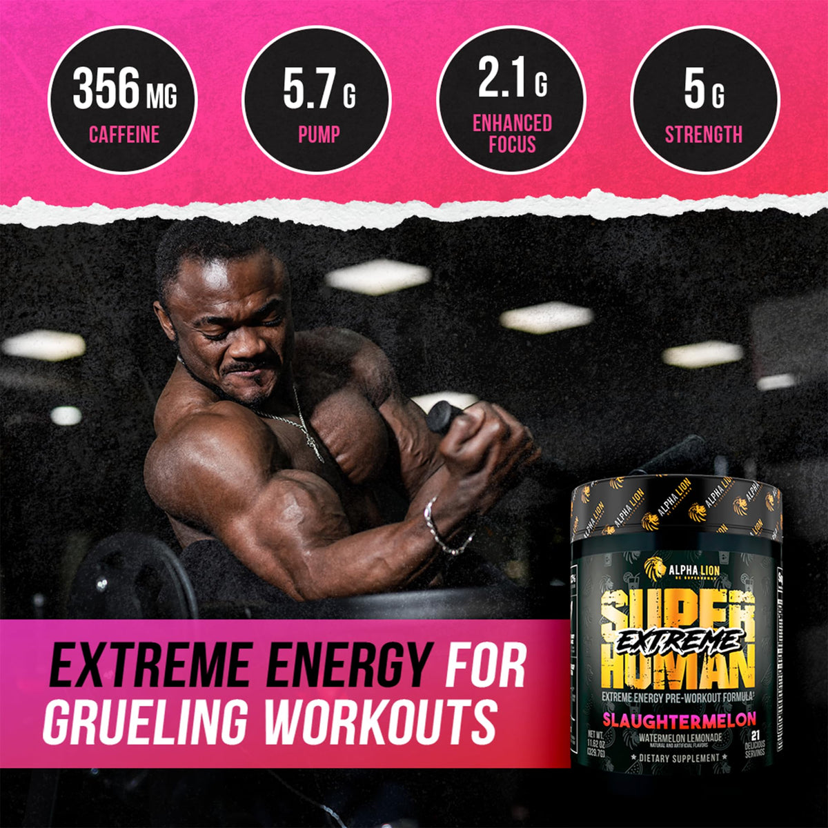 ALPHA LION Superhuman Extreme High Stim Pre Workout Powder, Beta Alanine, L-Taurine & 356mg Tri-Source Caffeine for Sustained Energy, Nitric Oxide & Citrulline for Pump (21 Servings, Slaughtermelon) - PrimeBioHealth - canada supplements