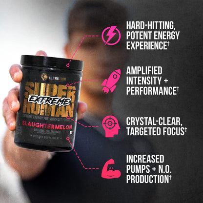 ALPHA LION Superhuman Extreme High Stim Pre Workout Powder, Beta Alanine, L-Taurine & 356mg Tri-Source Caffeine for Sustained Energy, Nitric Oxide & Citrulline for Pump (21 Servings, Slaughtermelon) - PrimeBioHealth - canada supplements
