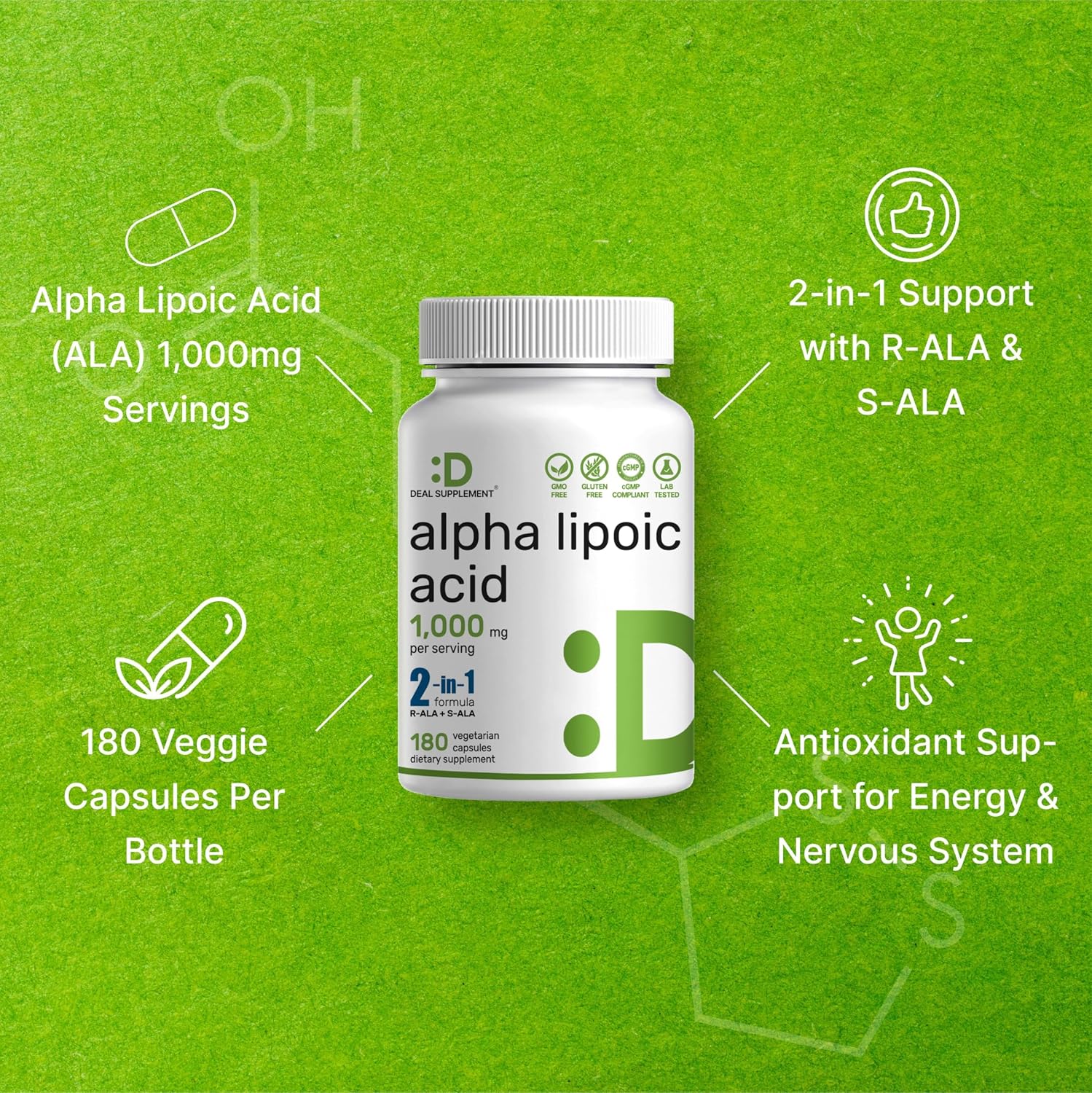 Alpha Lipoic Acid 1,000mg, 180 Veggie Capsules – 50/50 R-ALA & S-ALA for Max Bioavailability – Antioxidant Supplement – Energy & Nervous System Support – Non-GMO - PrimeBioHealth - canada supplements