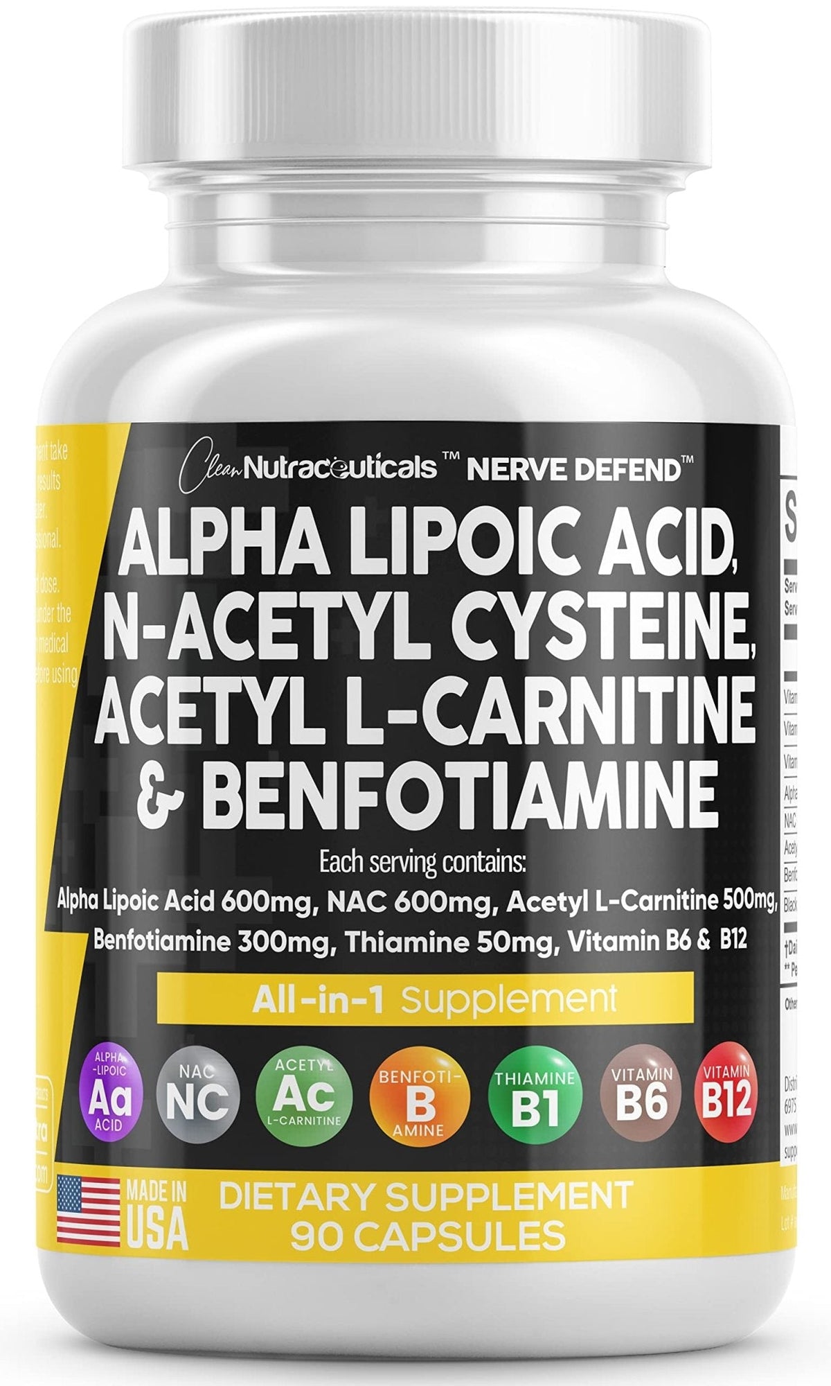 Alpha Lipoic Acid 600mg N-Acetyl Cysteine 600mg Acetyl L-Carnitine 500mg Benfotiamine 300mg - Nerve Support Supplement for Women and Men - PrimeBioHealth - canada supplements