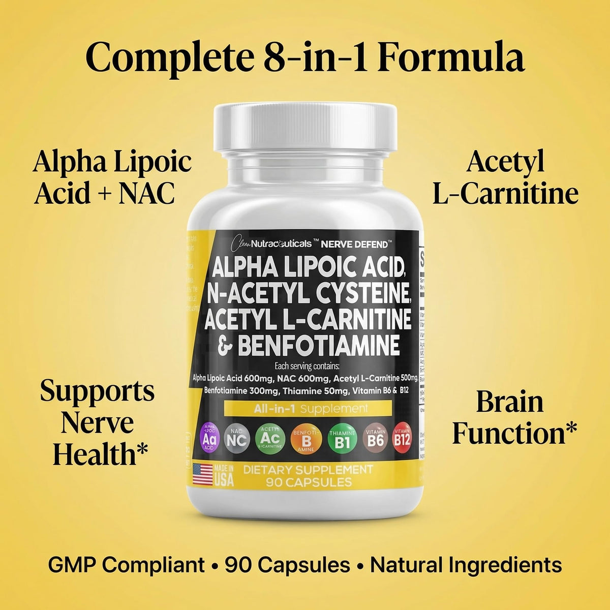 Alpha Lipoic Acid 600mg N-Acetyl Cysteine 600mg Acetyl L-Carnitine 500mg Benfotiamine 300mg - Nerve Support Supplement for Women and Men - PrimeBioHealth - canada supplements