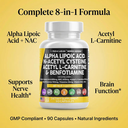Alpha Lipoic Acid 600mg N-Acetyl Cysteine 600mg Acetyl L-Carnitine 500mg Benfotiamine 300mg - Nerve Support Supplement for Women and Men - PrimeBioHealth - canada supplements