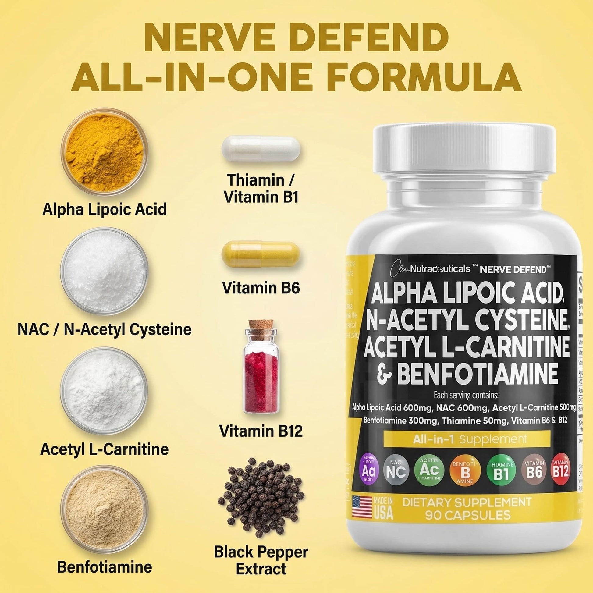 Alpha Lipoic Acid 600mg N-Acetyl Cysteine 600mg Acetyl L-Carnitine 500mg Benfotiamine 300mg - Nerve Support Supplement for Women and Men - PrimeBioHealth - canada supplements