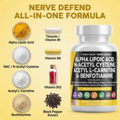 Alpha Lipoic Acid 600mg N-Acetyl Cysteine 600mg Acetyl L-Carnitine 500mg Benfotiamine 300mg - Nerve Support Supplement for Women and Men - PrimeBioHealth - canada supplements