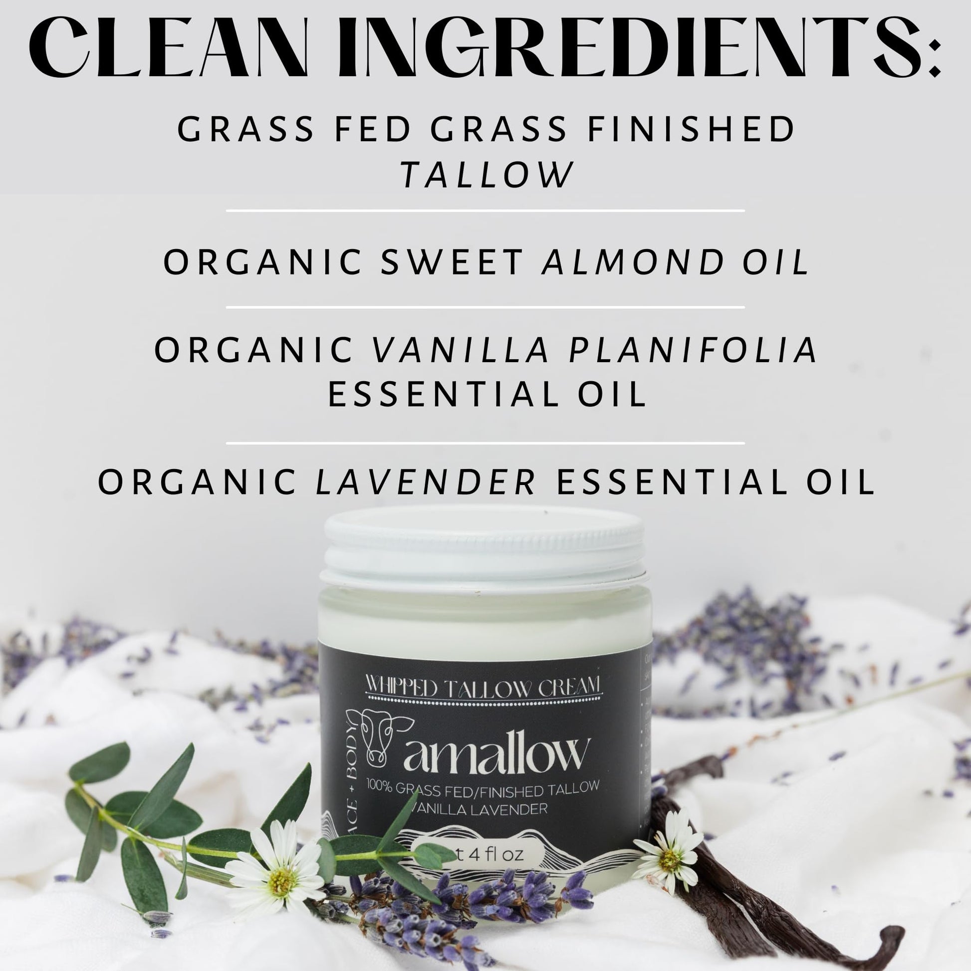 Amallow 100% Grass Fed Beef Tallow for Skin Care - Face + Body - Whipped Moisturizer - Natural Lotion, 4 FL. oz. (Vanilla Lavender) - PrimeBioHealth - canada supplements