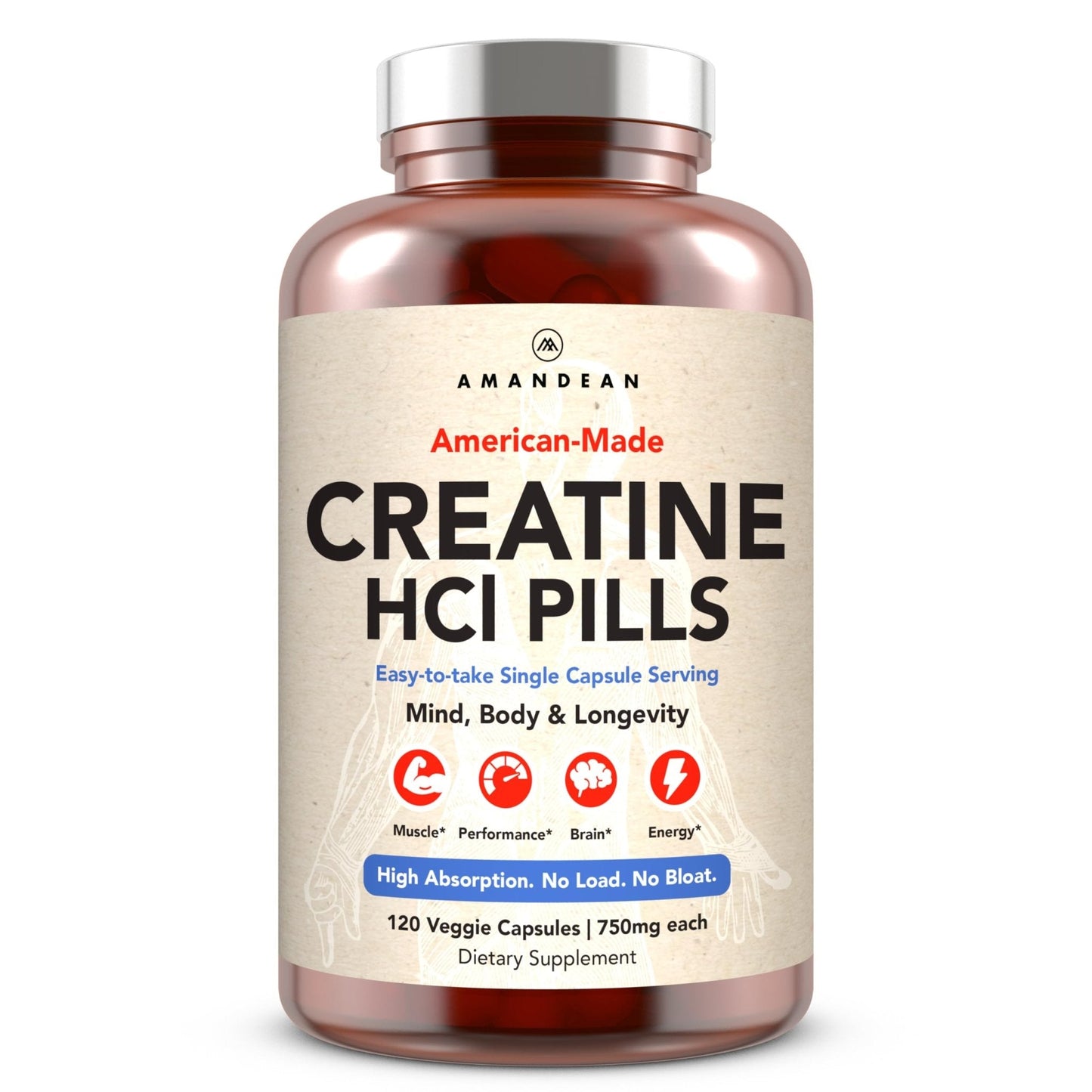 AMANDEAN Creatine HCl Pills. American Made CON-CRET. 120 Capsules. 7X Concentrated. No Bloat. Muscle, Energy, Cognitive, Recovery Support for Men & Women. Gluten Free, Non-GMO. - PrimeBioHealth - canada supplements