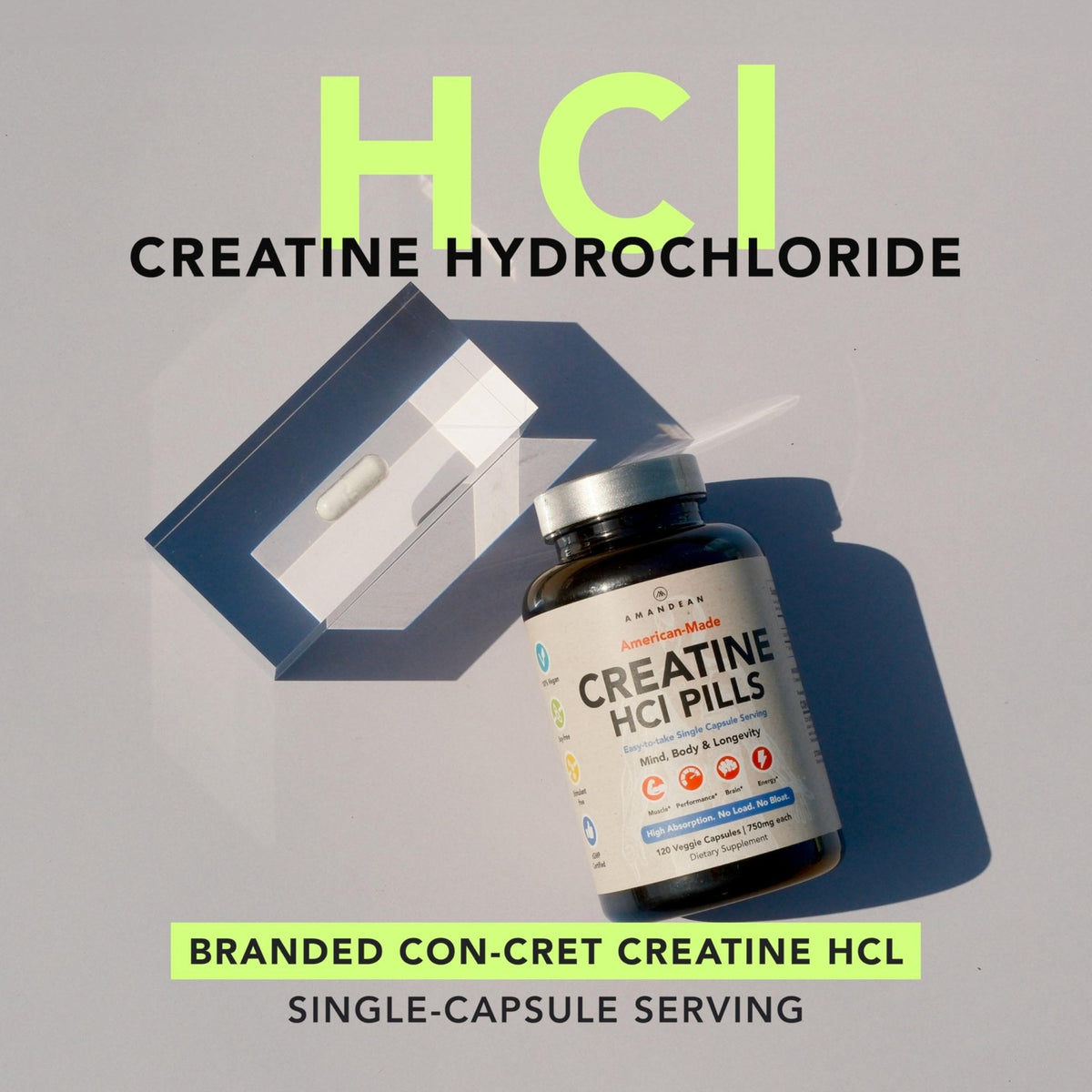 AMANDEAN Creatine HCl Pills. American Made CON-CRET. 120 Capsules. 7X Concentrated. No Bloat. Muscle, Energy, Cognitive, Recovery Support for Men & Women. Gluten Free, Non-GMO. - PrimeBioHealth - canada supplements