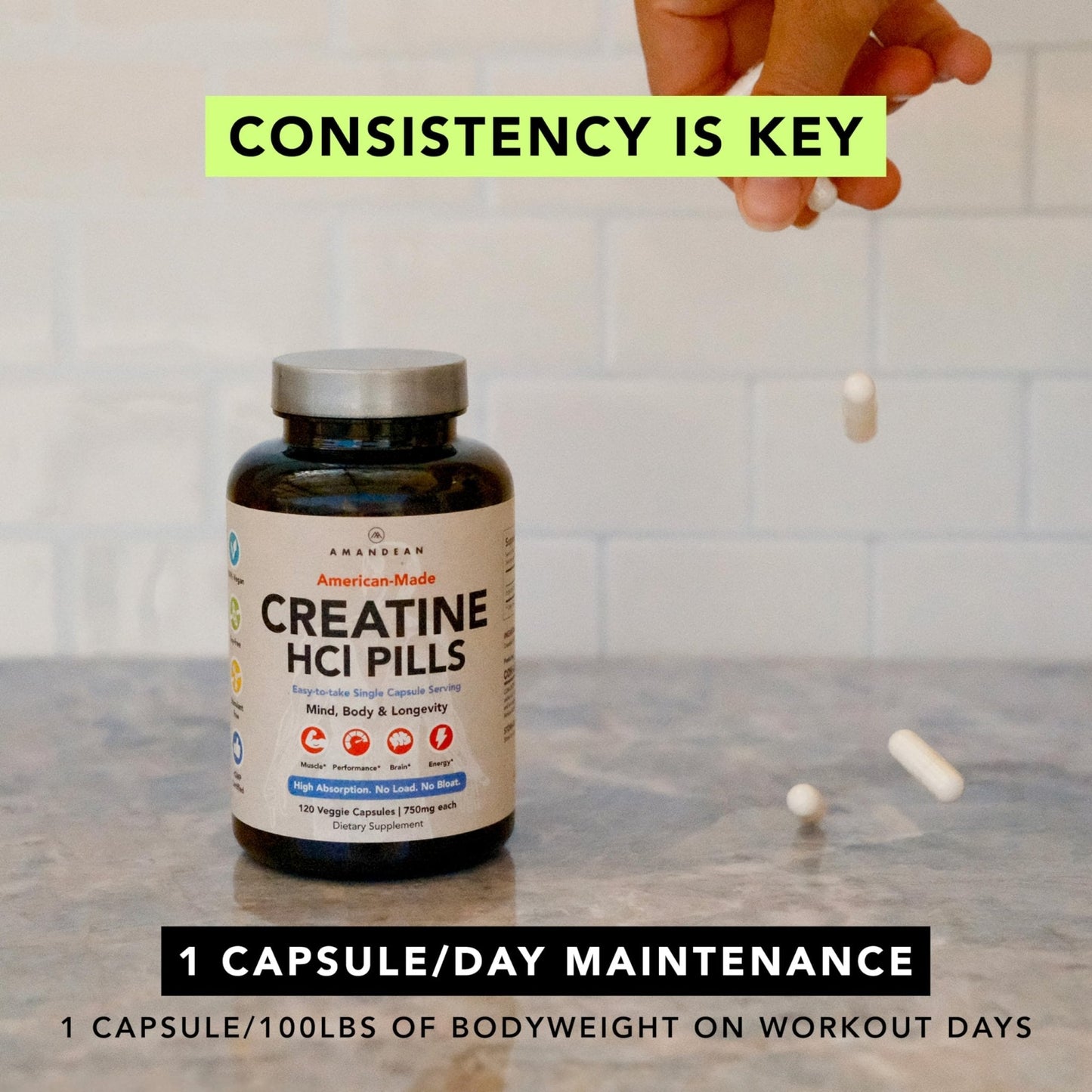 AMANDEAN Creatine HCl Pills. American Made CON-CRET. 120 Capsules. 7X Concentrated. No Bloat. Muscle, Energy, Cognitive, Recovery Support for Men & Women. Gluten Free, Non-GMO. - PrimeBioHealth - canada supplements
