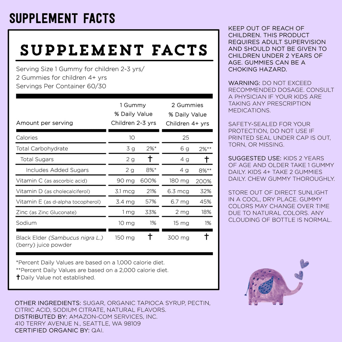 Amazon Brand - Mama Bear, Vegetarian Kids Black Elderberry Gummies 300 mg with Vitamins C, D, E and Zinc - Immune System Support - PrimeBioHealth - canada supplements