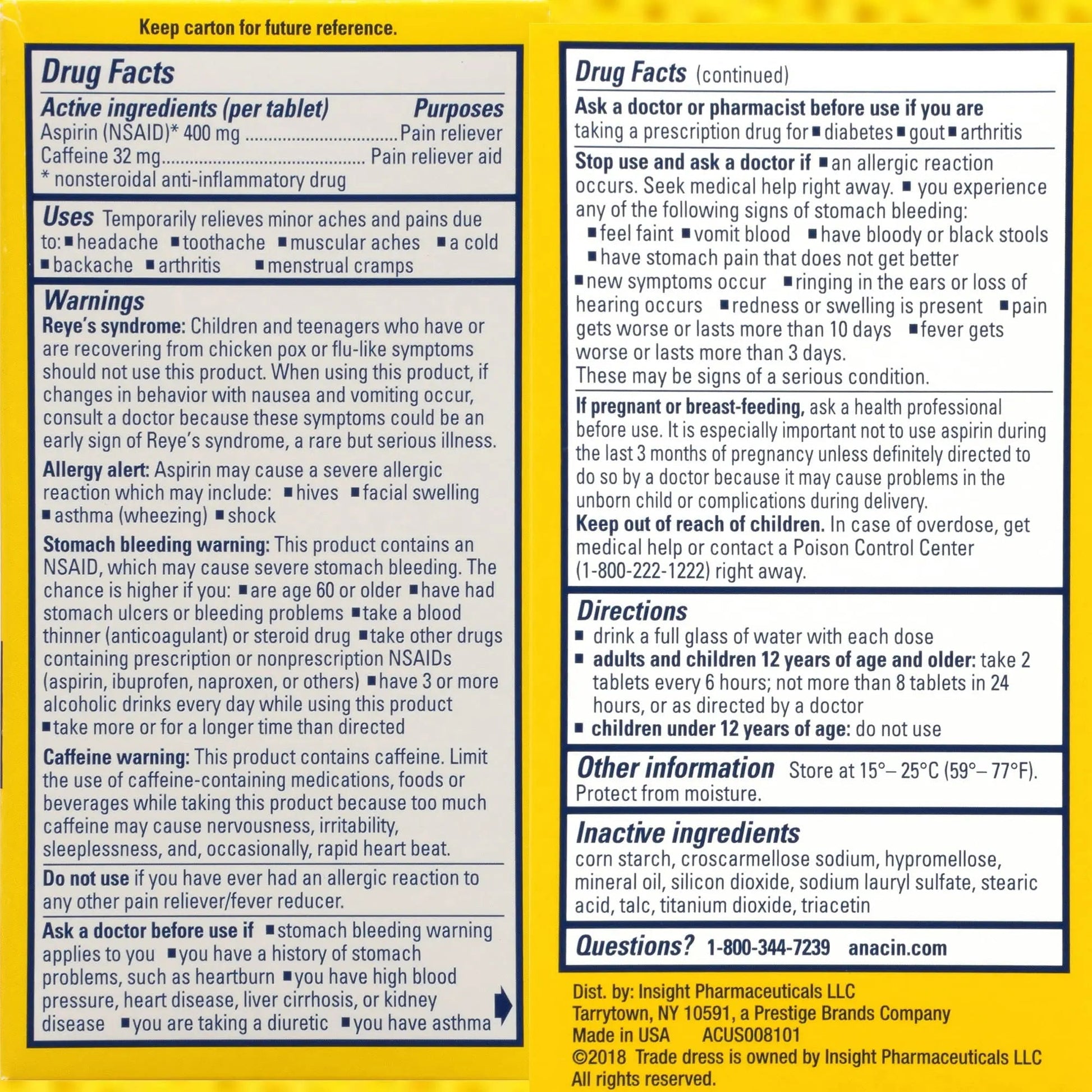 Anacin Aspirin & Caffeine Fast Pain Relief, Eases Minor Aches and Pains Due to Headache, Muscle Aches & Arthritis, 300 Count - PrimeBioHealth - canada supplements