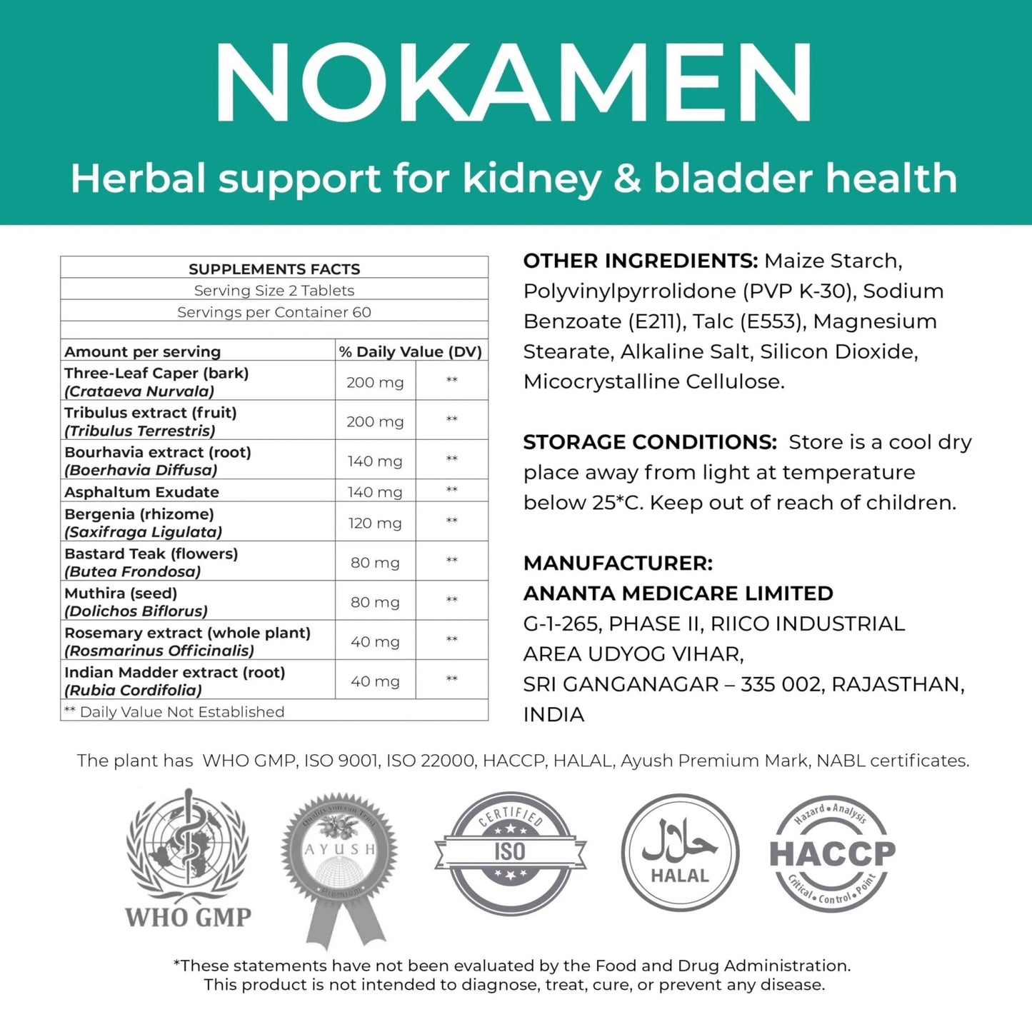 Ananta Medicare USA NOKAMEN – Kidney & Urinary Tract Support Herbal Formula, 120 Tabs - PrimeBioHealth - canada supplements