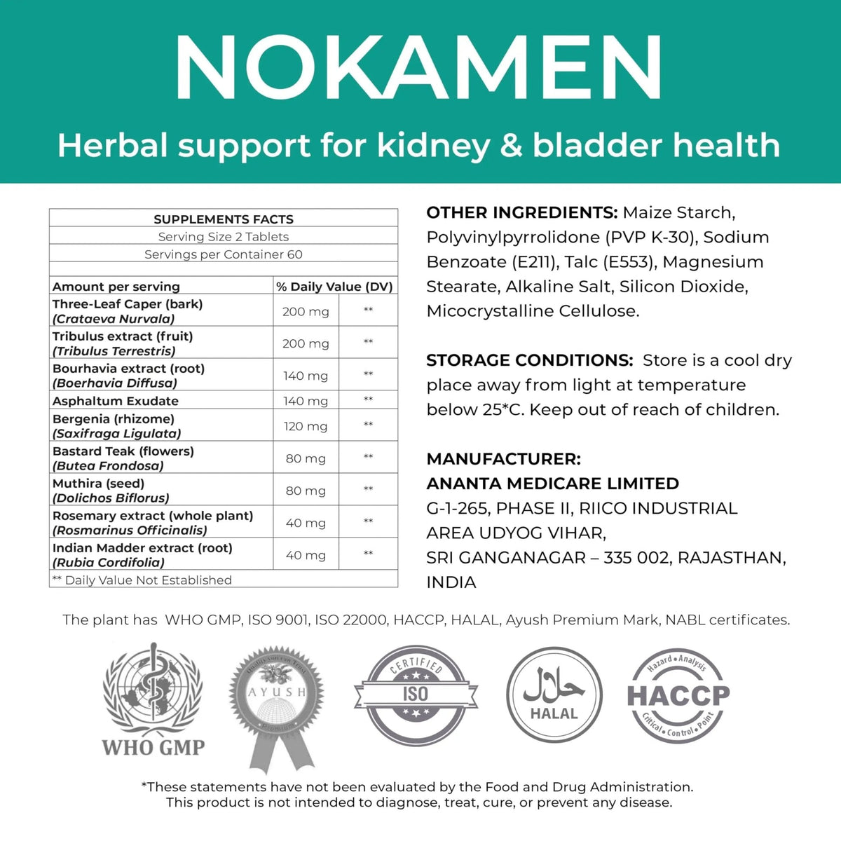 Ananta Medicare USA NOKAMEN – Kidney & Urinary Tract Support Herbal Formula, 120 Tabs - PrimeBioHealth - canada supplements