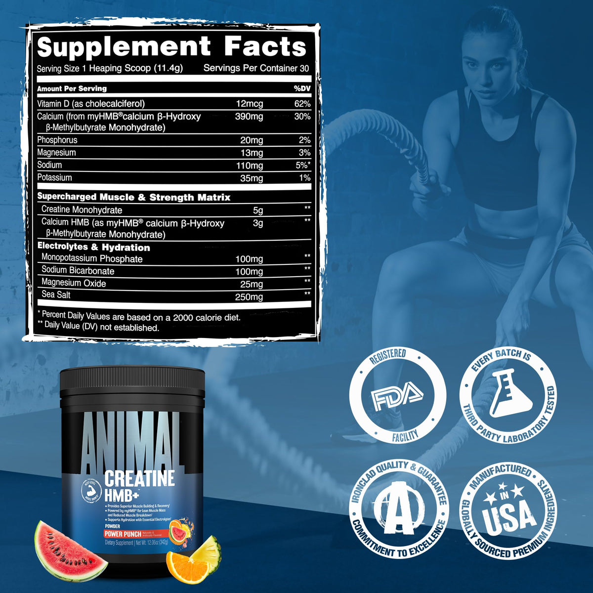 Animal Creatine HMB Powder – 3g myHMB + 5g Creatine with Electrolytes for Recovery & Daily Energy – Power Punch Flavor, 30 Servings - PrimeBioHealth - canada supplements