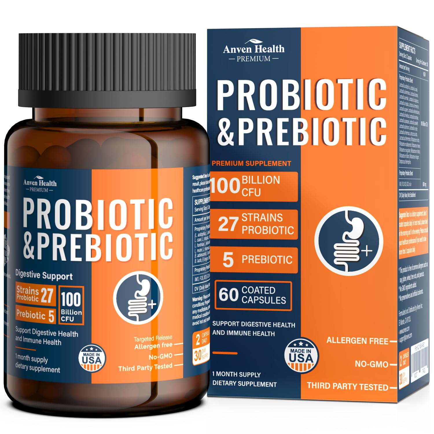 Anven Health 100 Billion Probiotics for Men and Women 27 Strains 5 Organic Prebiotics for Gut Digestive & Immune Health, Supports Diarrhea Gas Bloating, - PrimeBioHealth - canada supplements