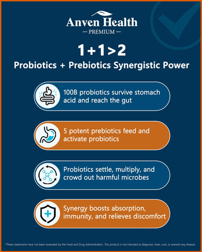 Anven Health 100 Billion Probiotics for Men and Women 27 Strains 5 Organic Prebiotics for Gut Digestive & Immune Health, Supports Diarrhea Gas Bloating, - PrimeBioHealth - canada supplements