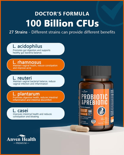 Anven Health 100 Billion Probiotics for Men and Women 27 Strains 5 Organic Prebiotics for Gut Digestive & Immune Health, Supports Diarrhea Gas Bloating - PrimeBioHealth - canada supplements