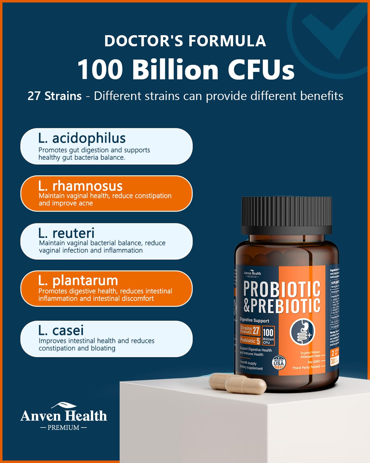 Anven Health 100 Billion Probiotics for Men and Women 27 Strains 5 Organic Prebiotics for Gut Digestive & Immune Health, Supports Diarrhea Gas Bloating, - PrimeBioHealth - canada supplements