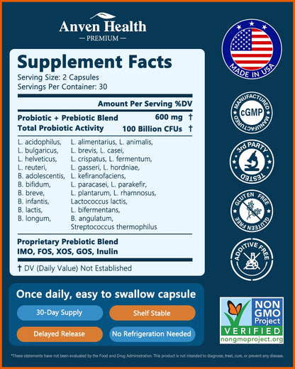 Anven Health 100 Billion Probiotics for Men and Women 27 Strains 5 Organic Prebiotics for Gut Digestive & Immune Health, Supports Diarrhea Gas Bloating - PrimeBioHealth - canada supplements