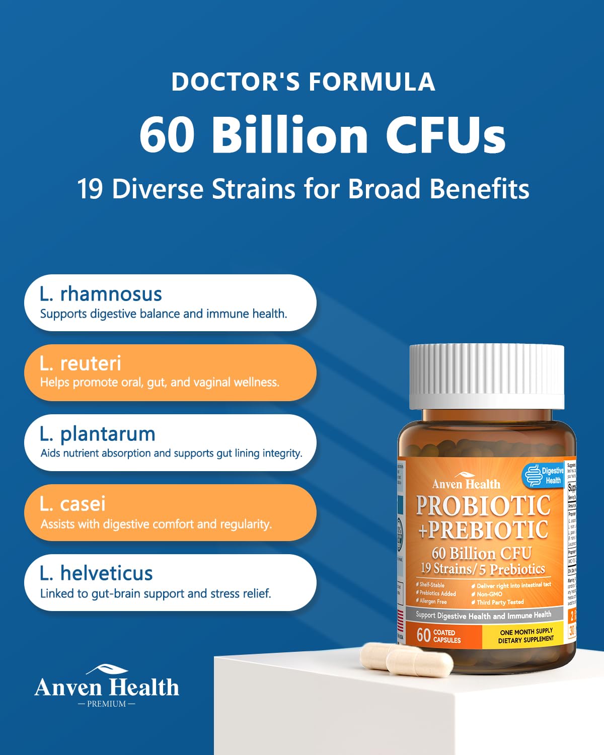 Anven Health 60 Billion Probiotic and Prebiotic for Women and Men - 19 Strains 5 Organic Prebiotics for Gut Digestive & Immune Health, Supports Diarrhea Gas Bloating, Non-GMO – Made in USA丨60 Caps - PrimeBioHealth - canada supplements