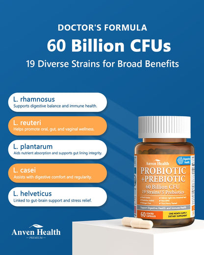 Anven Health 60 Billion Probiotic and Prebiotic for Women and Men - 19 Strains 5 Organic Prebiotics for Gut Digestive & Immune Health, Supports Diarrhea Gas Bloating, Non-GMO – Made in USA丨60 Caps - PrimeBioHealth - canada supplements