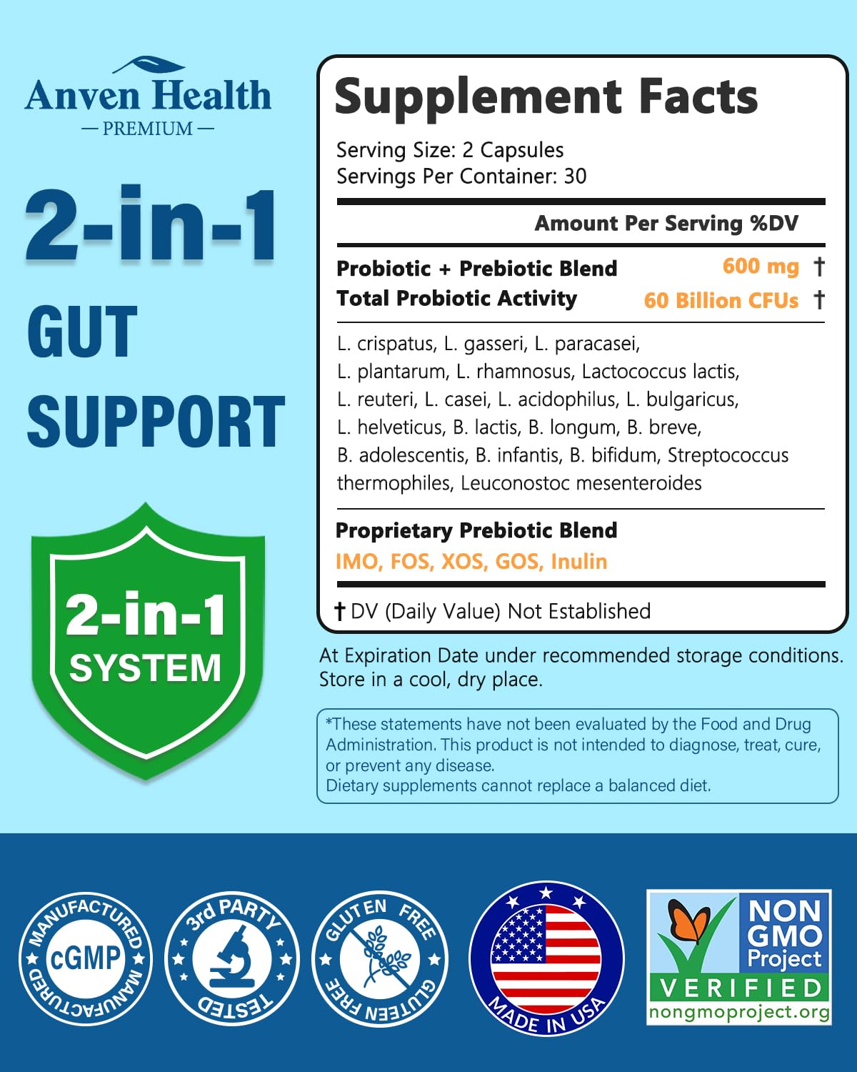 Anven Health 60 Billion Probiotic and Prebiotic for Women and Men - 19 Strains 5 Organic Prebiotics for Gut Digestive & Immune Health, Supports Diarrhea Gas Bloating, Non-GMO – Made in USA丨60 Caps - PrimeBioHealth - canada supplements