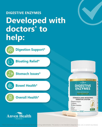 Anven Health 800mg Digestive Enzymes for Men and Women with Probiotics & Prebiotics, 8 Key Enzymes, Protease, Amylase & Lipase | 270 Capsules - A 90-Day Supply - PrimeBioHealth - canada supplements