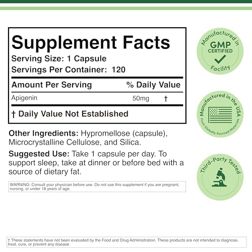 Apigenin Supplement - 50mg per Capsule, 120 Count (Powerful Bioflavonoid Found in Chamomile Tea for Relaxation, Sleep, and Mood) Senolytic - PrimeBioHealth - canada supplements