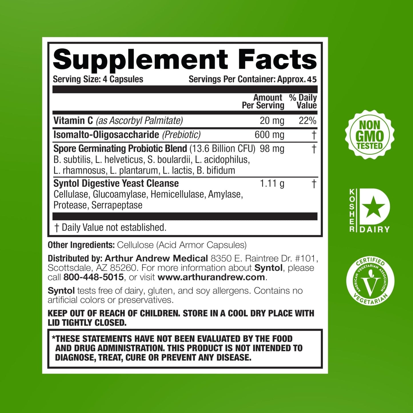 Arthur Andrew Medical, Syntol, 3-in-1 Formula with Probiotics, Prebiotic Fiber & Yeast Cleansing Multi-Enzymes, 180 - PrimeBioHealth - canada supplements