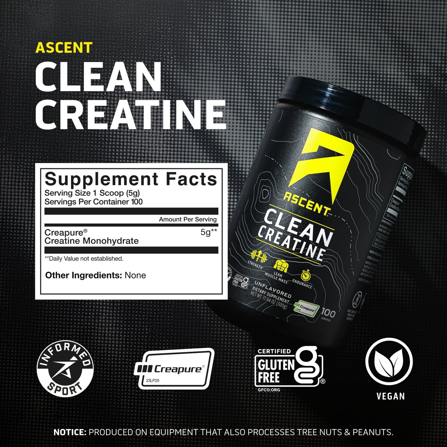 Ascent Clean Creatine Monohydrate Powder - 5G Per Serving, Creapure Creatine Supplement - Unflavored, 100 Servings - PrimeBioHealth - canada supplements