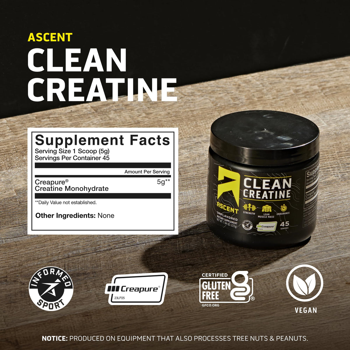 Ascent Clean Creatine Monohydrate Powder - 5G Per Serving, Creapure Supplement - Unflavored, 45 Servings - PrimeBioHealth - canada supplements