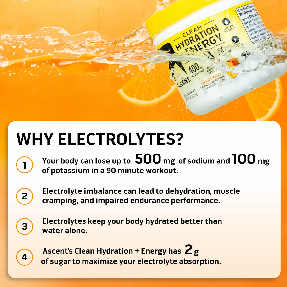 Ascent Clean Hydration + Energy Electrolytes Powder - 100mg Caffeine, 400mg Electrolytes, No Artificial Ingredients, Orange Mango 40 Servings - PrimeBioHealth - canada supplements
