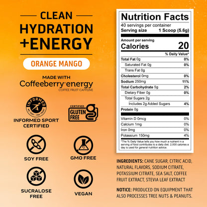 Ascent Clean Hydration + Energy Electrolytes Powder - 100mg Caffeine, 400mg Electrolytes, No Artificial Ingredients, Orange Mango 40 Servings - PrimeBioHealth - canada supplements